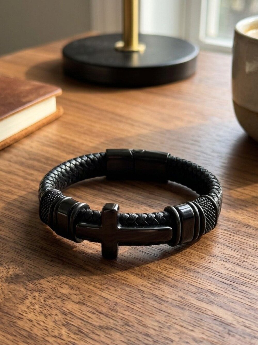 Mens Cross Leather Bracelet Black Braided Stainless Steel Joshua 1:9 Engraved